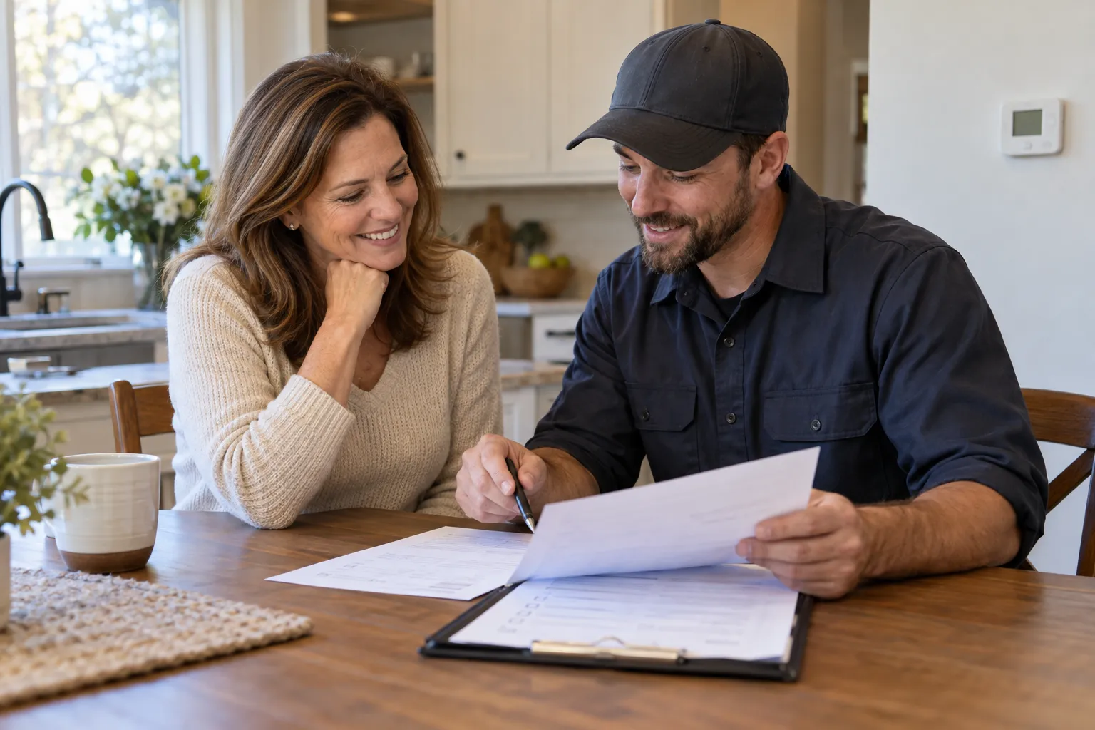 Provider reviewing a heating and cooling checklist with a homeowner in the Hoover area